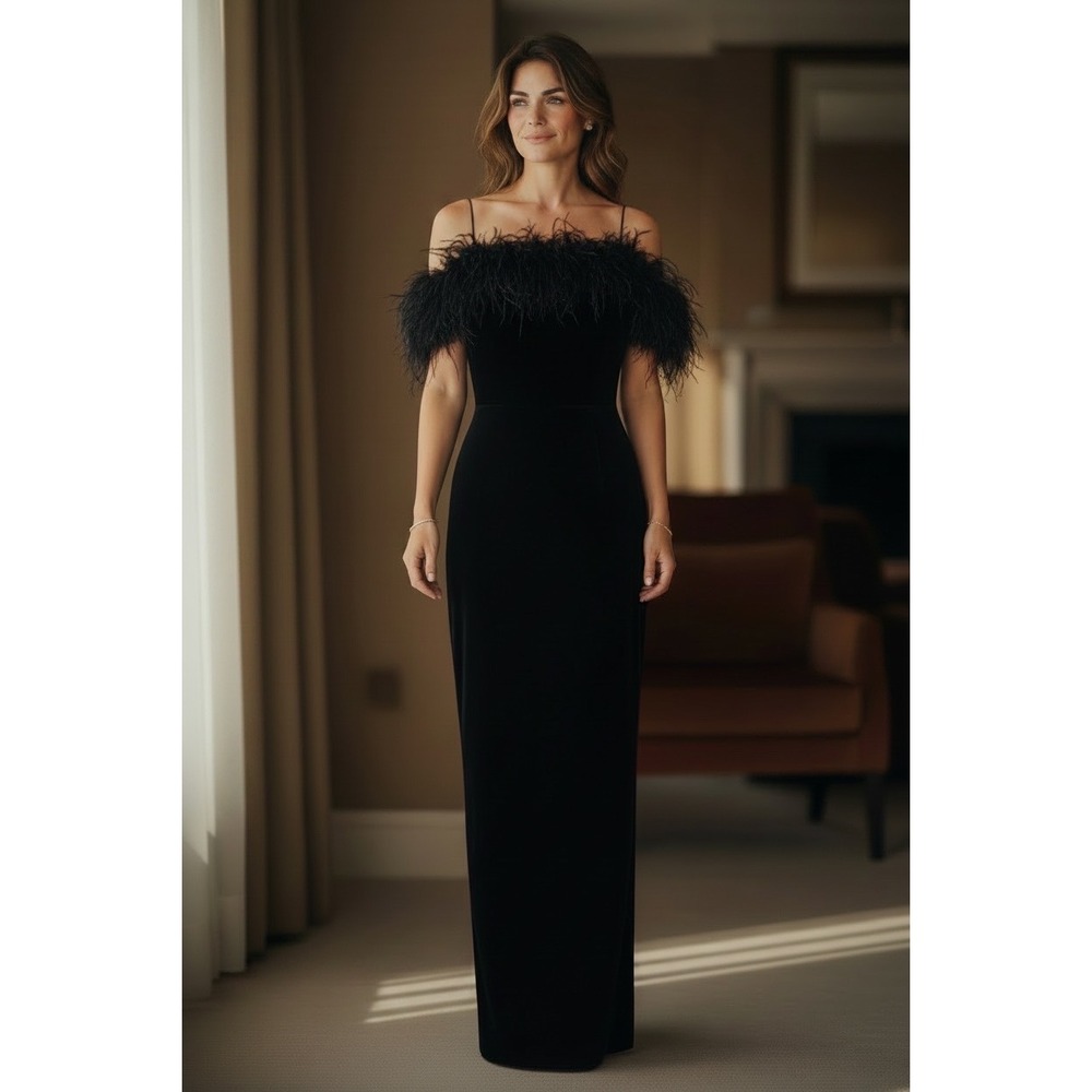 Roberta Black Velvet Faux Fur Trim Maxi Gown Vintage Style Formal Dress Small